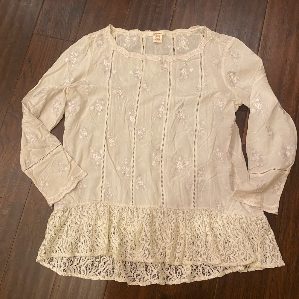 Sundance Cream Lace-Trim Peasant Blouse-Size PS